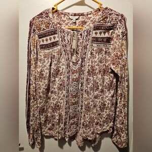 Lucky Brand Paisley Beaded Peasant Blouse Size Large